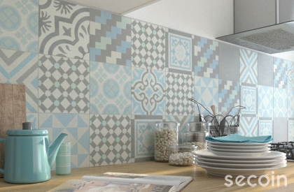 Patchwork tông xanh nhạt ốp tường bếp